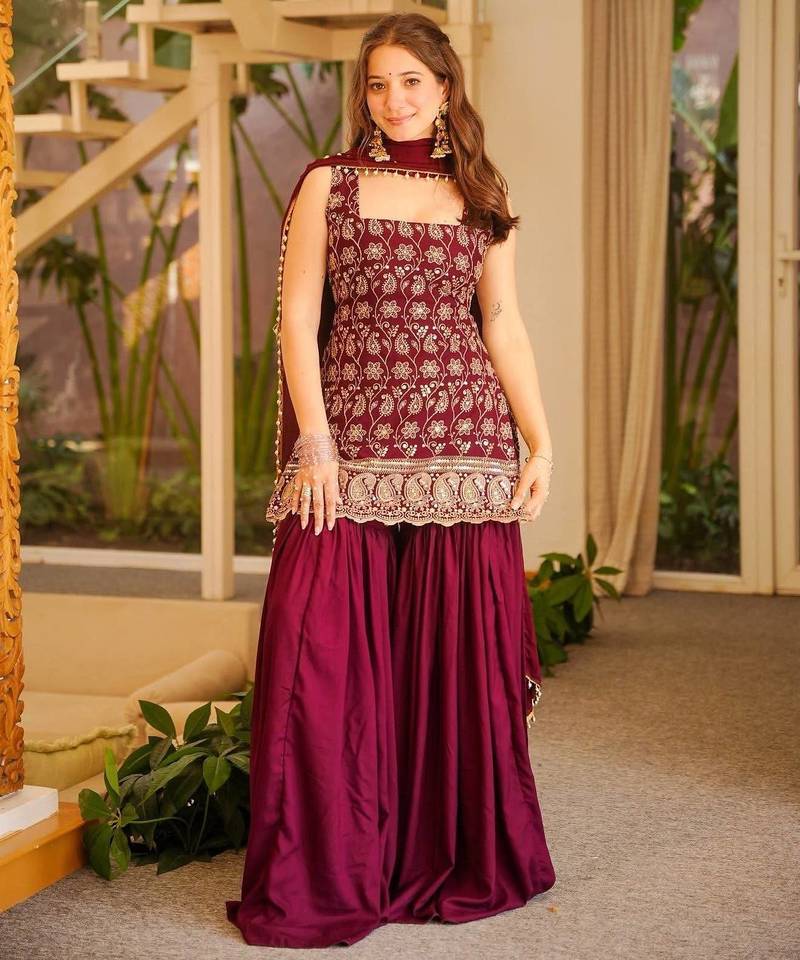 Maroon printed anarkali kurta set with dupatta