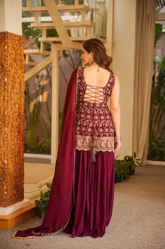 Maroon printed anarkali kurta set with dupatta