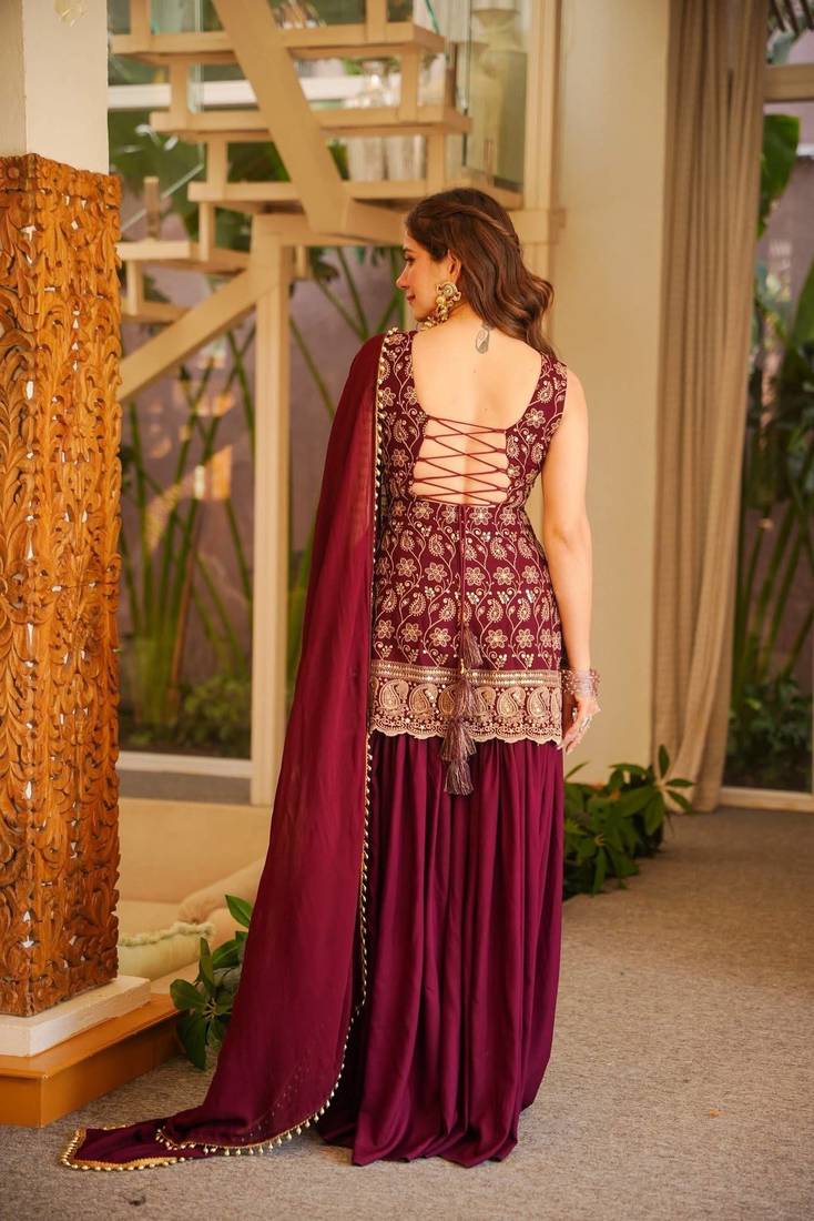 Maroon printed anarkali kurta set with dupatta