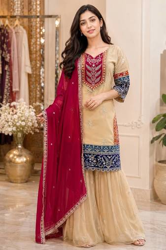 Cream printed anarkali kurta set with dupatta