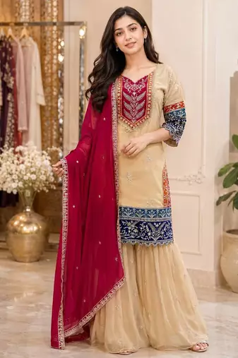 Cream printed anarkali kurta set with dupatta