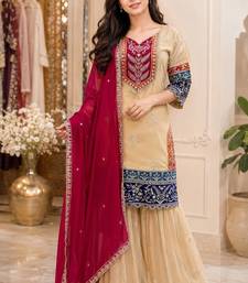 Cream printed anarkali kurta set with dupatta