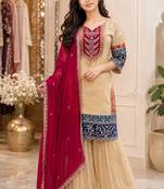 Cream printed anarkali kurta set with dupatta