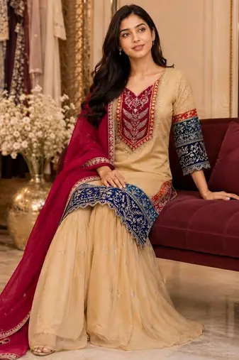 Cream printed anarkali kurta set with dupatta