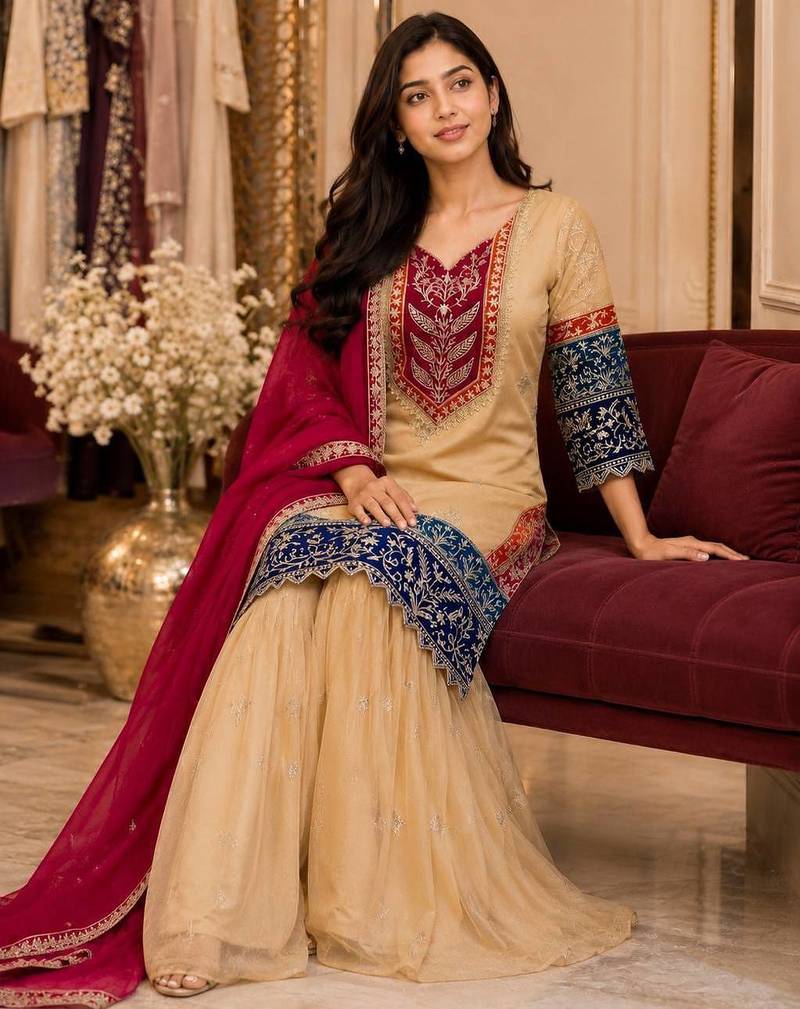Cream printed anarkali kurta set with dupatta