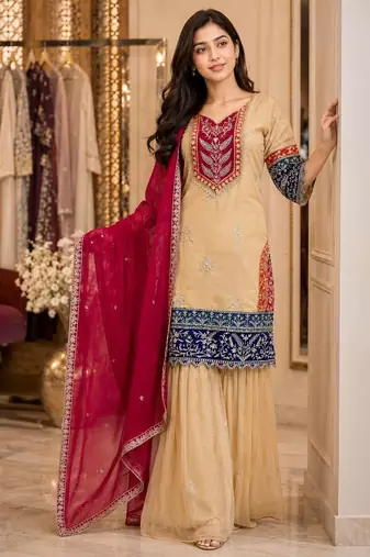 Cream printed anarkali kurta set with dupatta