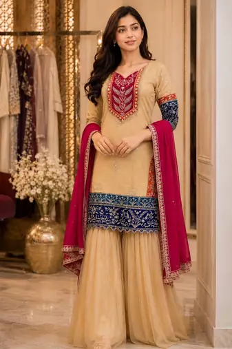 Cream printed anarkali kurta set with dupatta