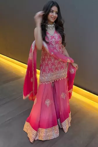 Pink embroidered georgette sharara suit with dupatta