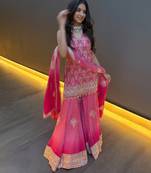 Pink embroidered georgette sharara suit with dupatta