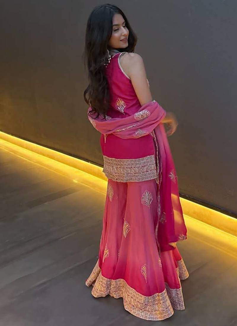 Pink embroidered georgette sharara suit with dupatta