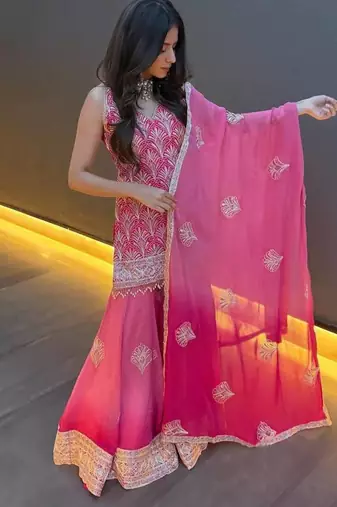 Pink embroidered georgette sharara suit with dupatta