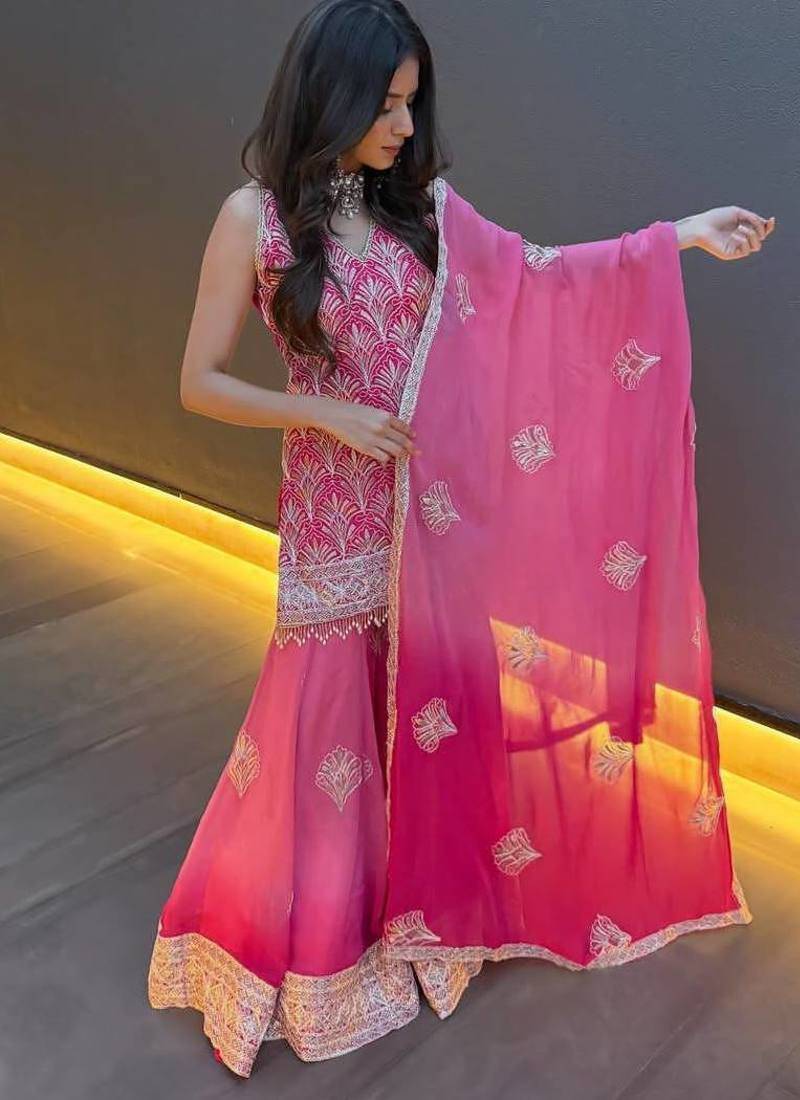 Pink embroidered georgette sharara suit with dupatta