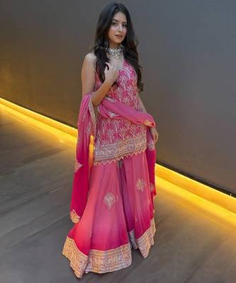Pink embroidered georgette sharara suit with dupatta 4