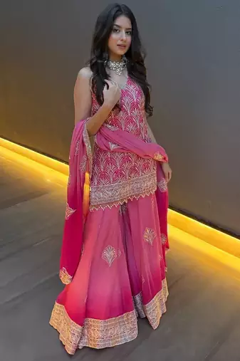 Pink embroidered georgette sharara suit with dupatta