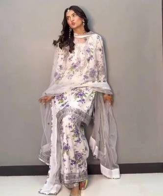 Floral printed white suit set with designer dupatta 1
