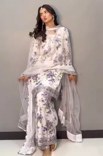 Floral printed white suit set with designer dupatta