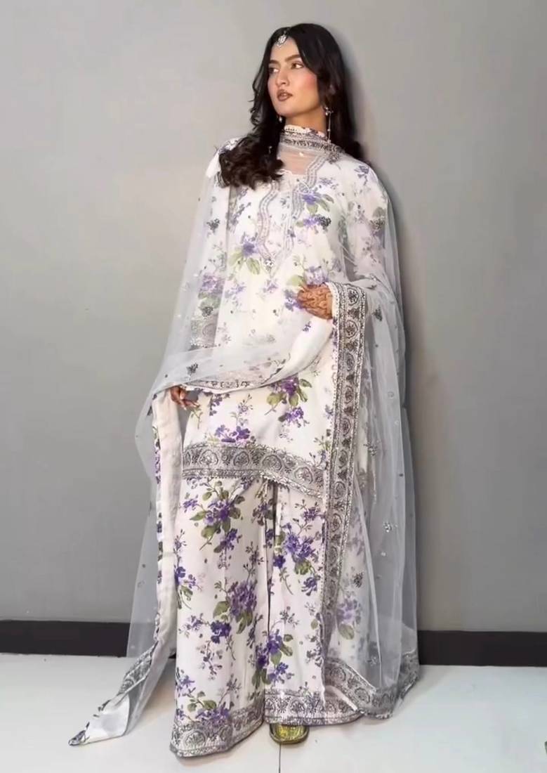 Floral printed white suit set with designer dupatta