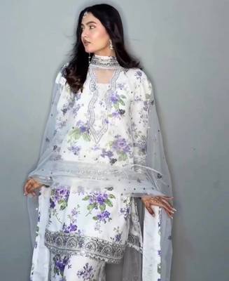 Floral printed white suit set with designer dupatta 3