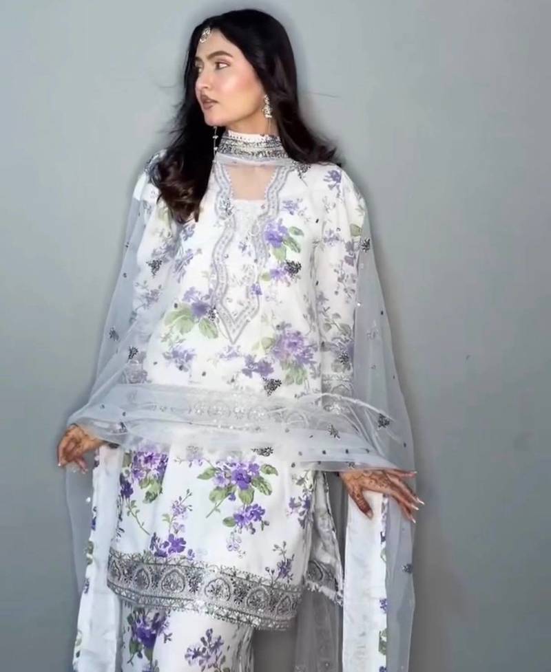 Floral printed white suit set with designer dupatta