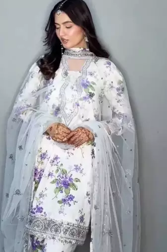 Floral printed white suit set with designer dupatta