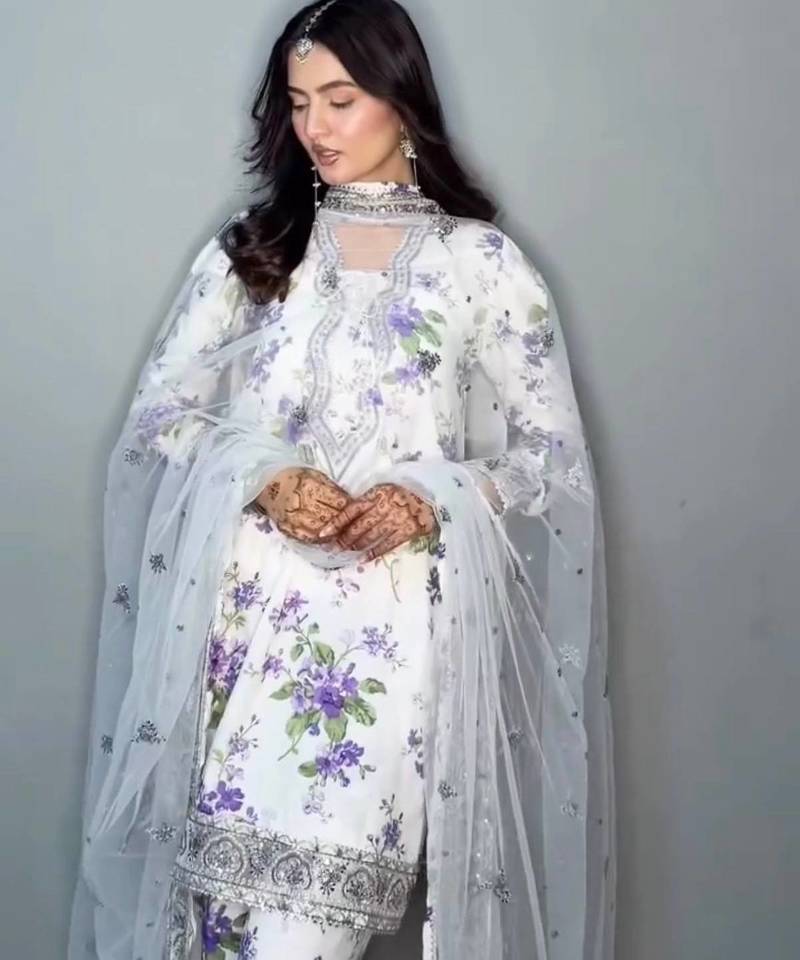 Floral printed white suit set with designer dupatta