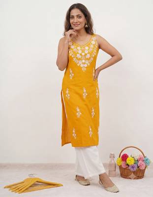 Yellow embroidered sleeveless kurti with white palazzo set for women 2