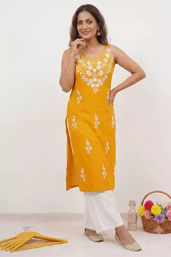 Yellow embroidered sleeveless kurti with white palazzo set for women