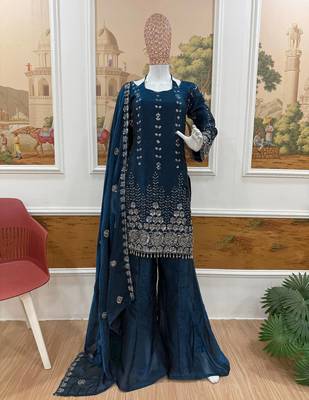 Navy blue embroidered sharara suit set with dupatta 1