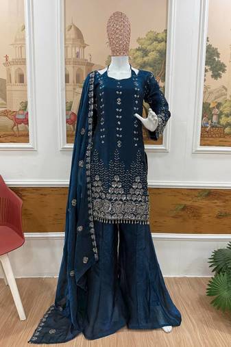 Navy blue embroidered sharara suit set with dupatta