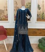 Navy blue embroidered sharara suit set with dupatta