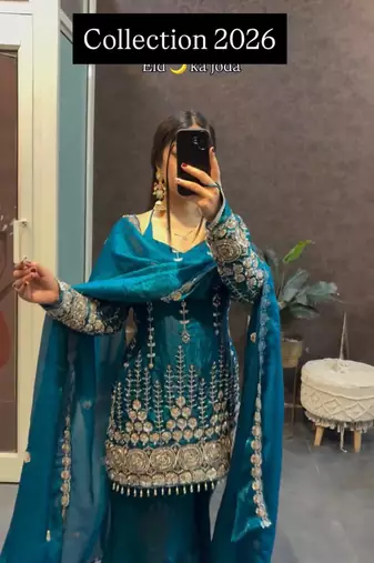 Navy blue embroidered sharara suit set with dupatta