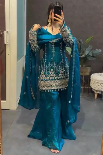 Navy blue embroidered sharara suit set with dupatta