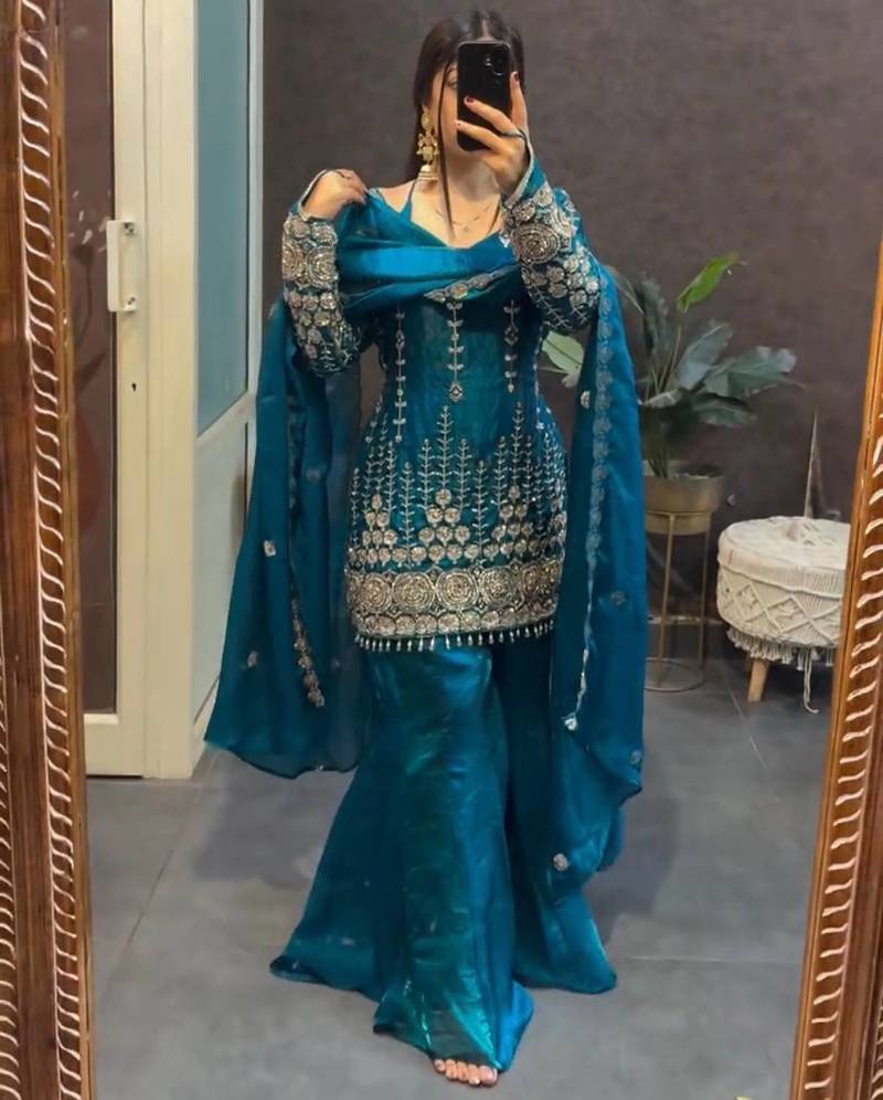 Navy blue embroidered sharara suit set with dupatta