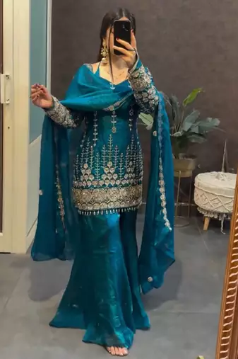Navy blue embroidered sharara suit set with dupatta