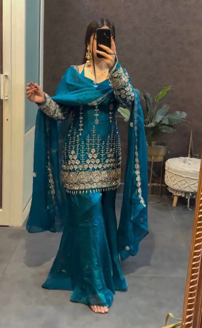Navy blue embroidered sharara suit set with dupatta