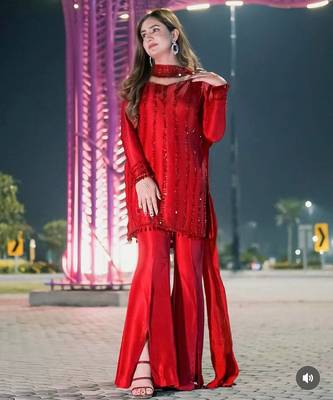 Red embroidered kurta with flared palazzo suit set 1