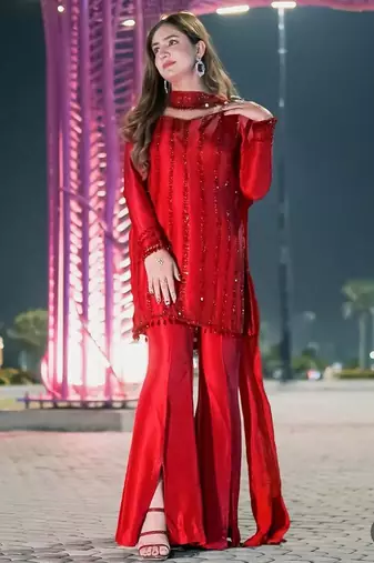 Red embroidered kurta with flared palazzo suit set