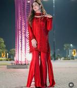 Red embroidered kurta with flared palazzo suit set