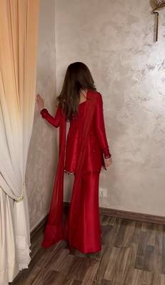 Red embroidered kurta with flared palazzo suit set 2