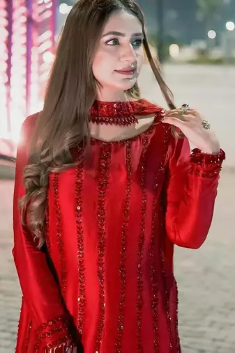 Red embroidered kurta with flared palazzo suit set