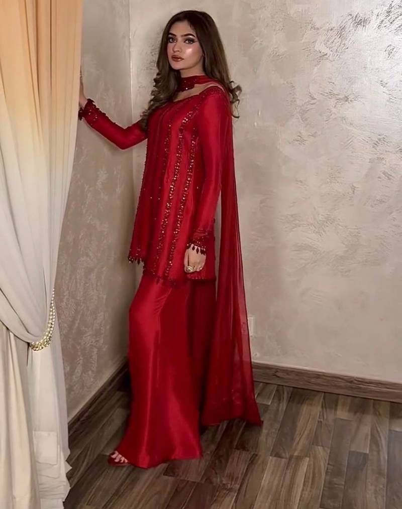 Red embroidered kurta with flared palazzo suit set