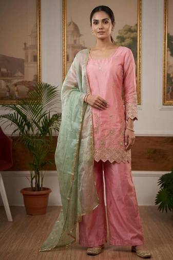 Elegant pink embroidered palazzo suit set with mint green dupatta