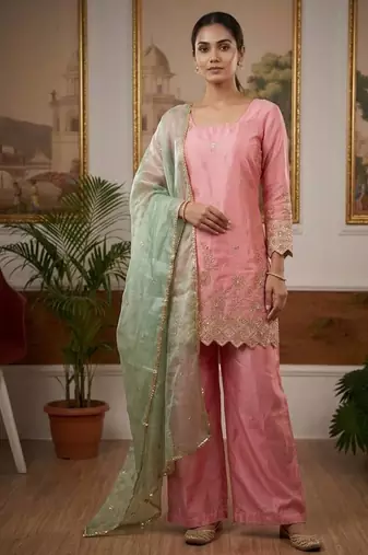 Elegant pink embroidered palazzo suit set with mint green dupatta