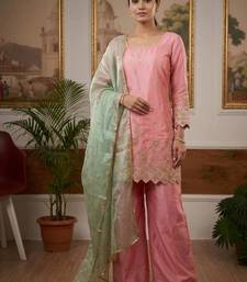 Elegant pink embroidered palazzo suit set with mint green dupatta