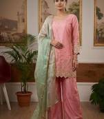 Elegant pink embroidered palazzo suit set with mint green dupatta