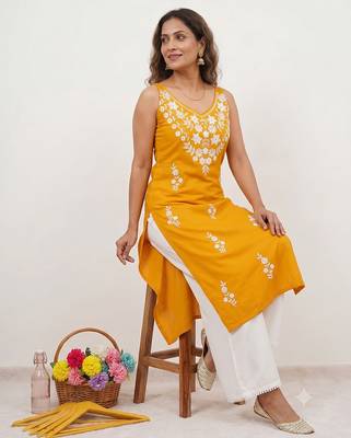 Yellow embroidered sleeveless kurti with white palazzo set for women 3