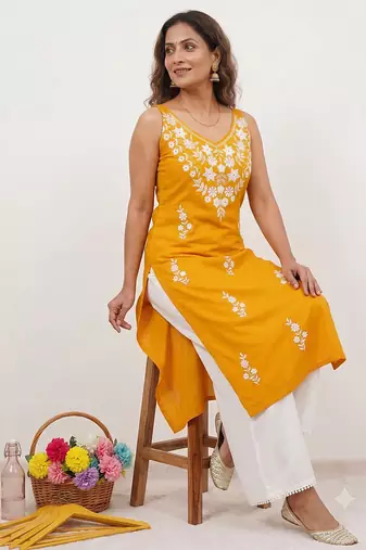 Yellow embroidered sleeveless kurti with white palazzo set for women