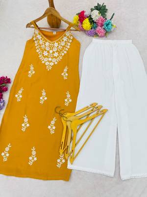 Yellow embroidered sleeveless kurti with white palazzo set for women 4