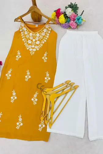 Yellow embroidered sleeveless kurti with white palazzo set for women