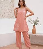 Women floral embroidered strappy a-line tunic kurti with straight pant set